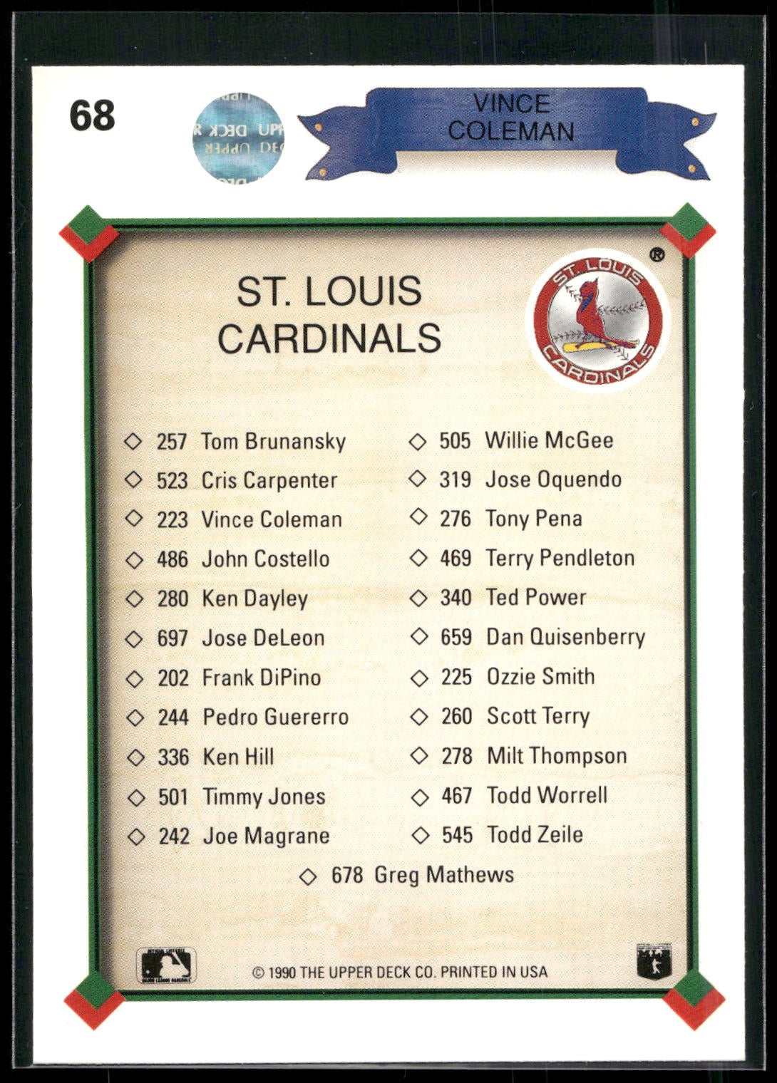 1990 Upper Deck #68 Vince Coleman