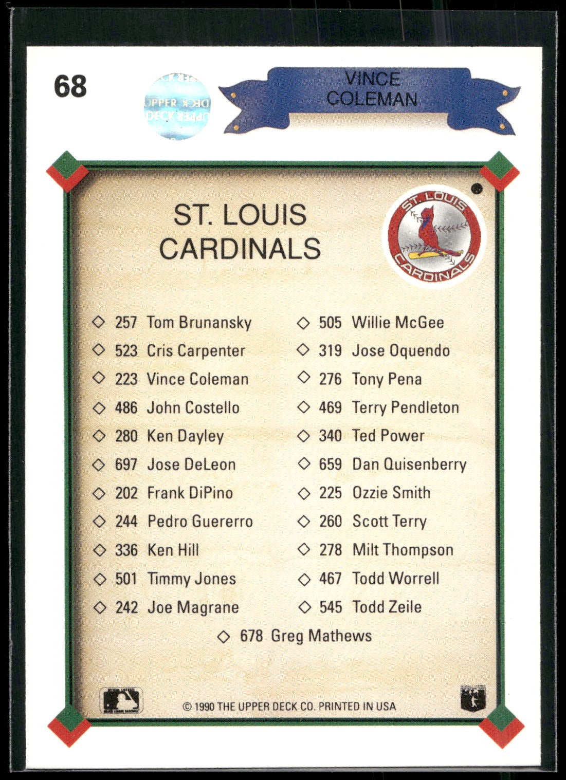 1990 Upper Deck #68 Vince Coleman