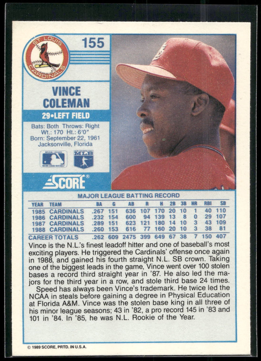 1989 Score #155 Vince Coleman