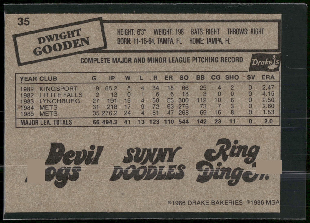 1986 Drake's Big Hitters #35 Dwight Gooden