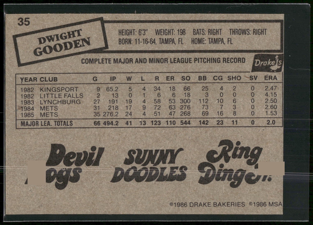1986 Drake's Big Hitters #35 Dwight Gooden