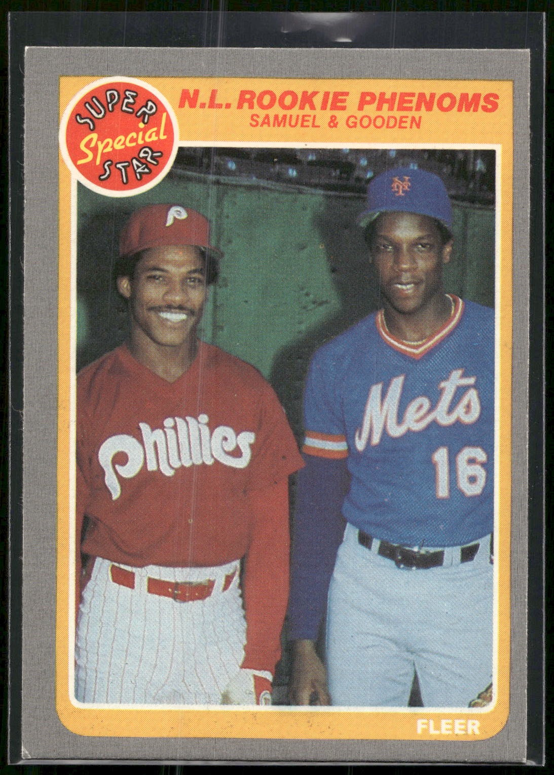 1985 Fleer #634 N.L. Rookie Phenoms (Juan Samuel / Dwight Gooden)