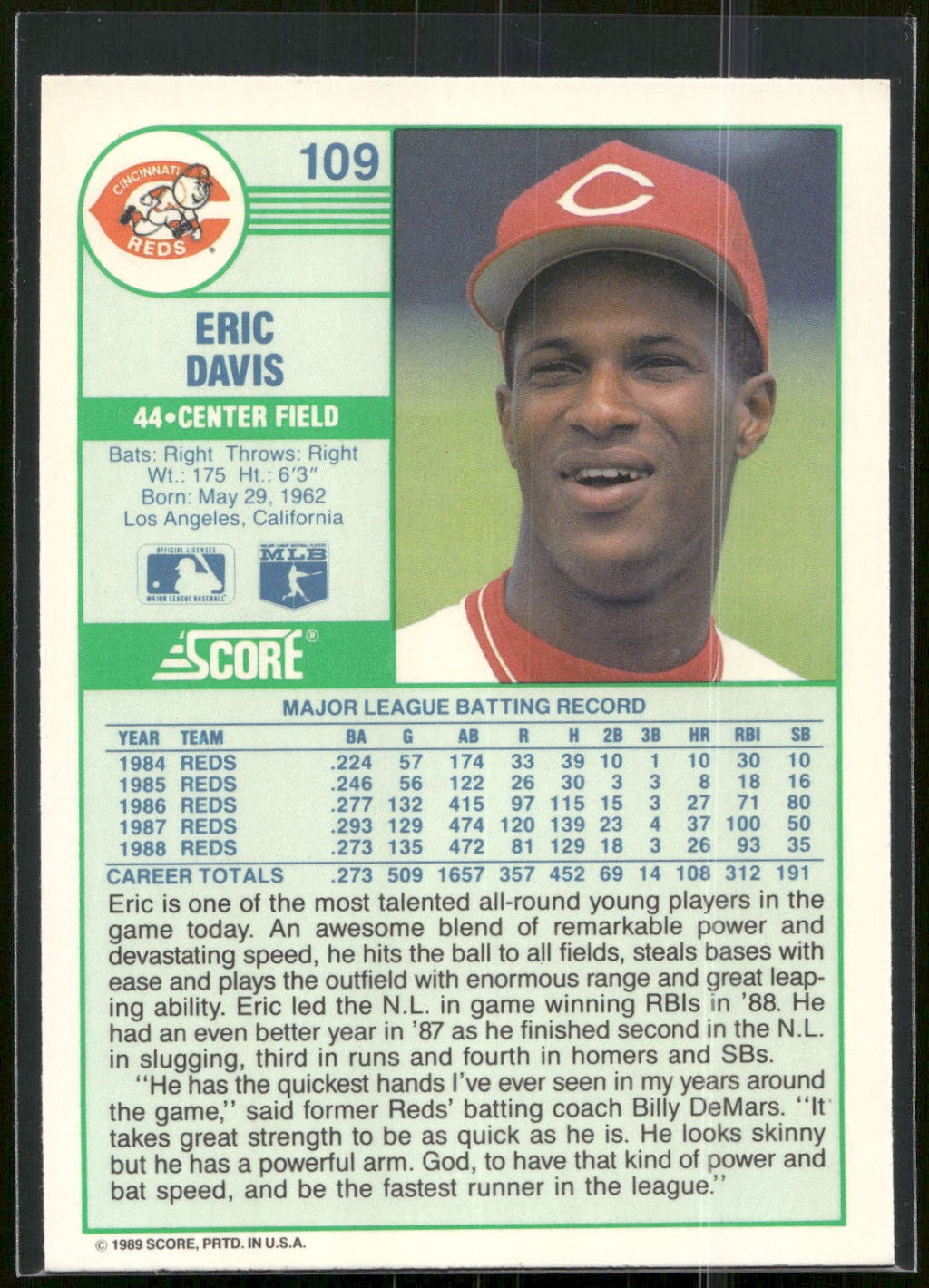 1989 Score #109 Eric Davis