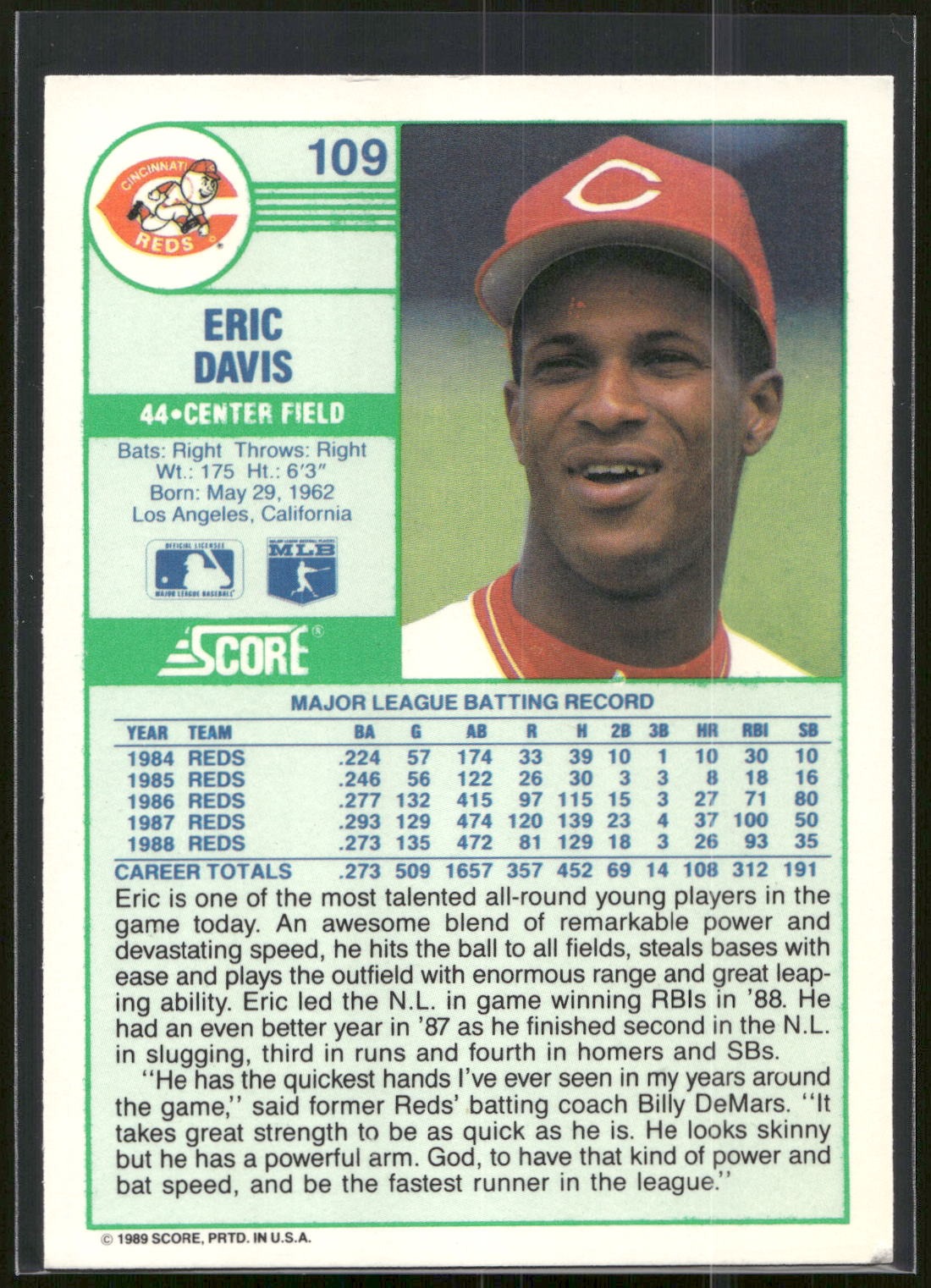 1989 Score #109 Eric Davis