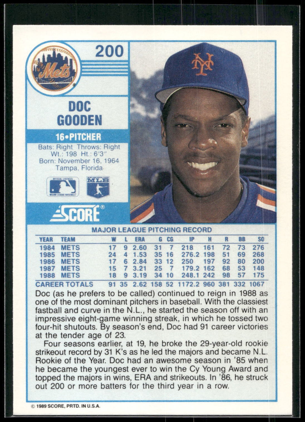 1989 Score #200 Doc Gooden