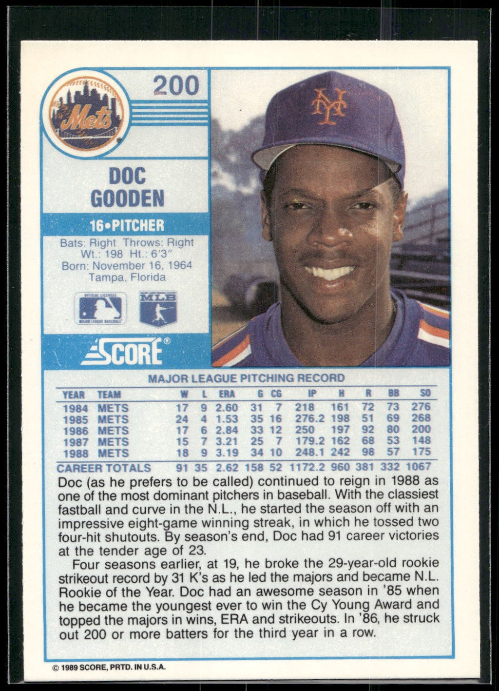 1989 Score #200 Doc Gooden