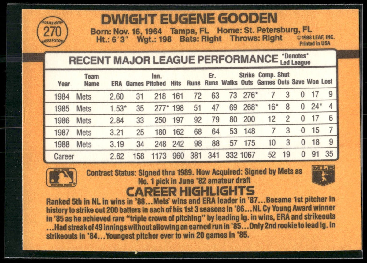 1989 Donruss #270b Dwight Gooden