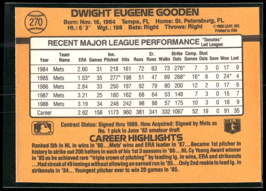 1989 Donruss #270b Dwight Gooden