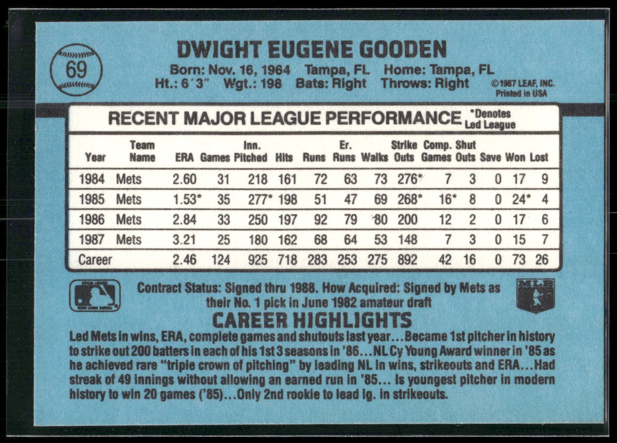 1988 Donruss #69c Dwight Gooden
