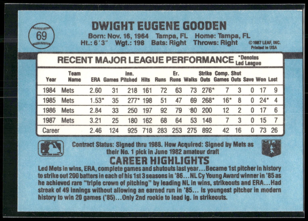 1988 Donruss #69c Dwight Gooden