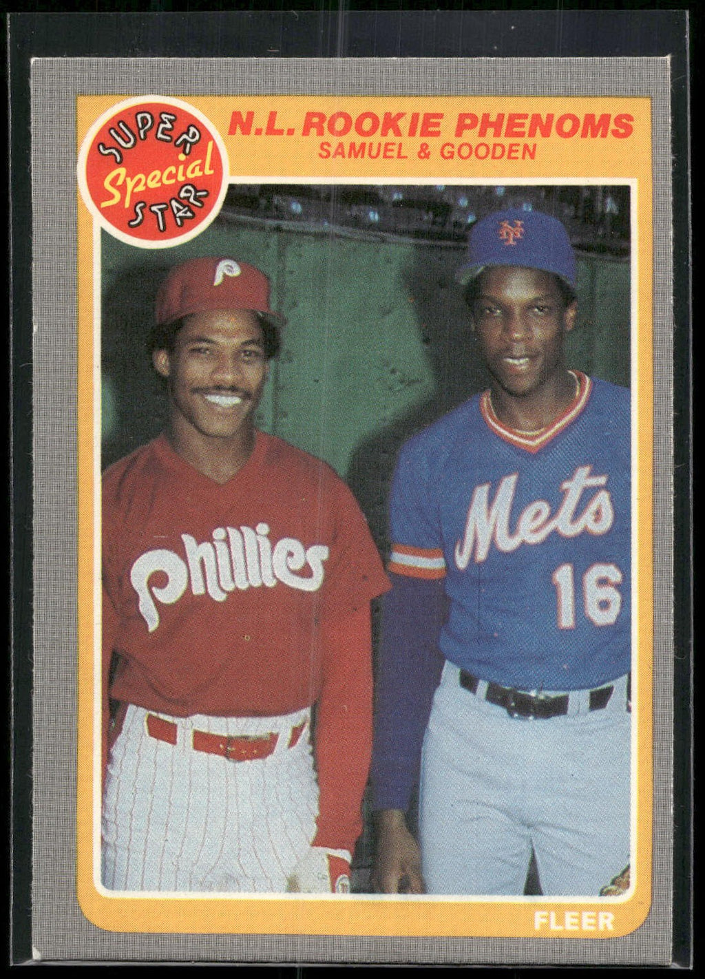 1985 Fleer #634 N.L. Rookie Phenoms (Juan Samuel / Dwight Gooden)