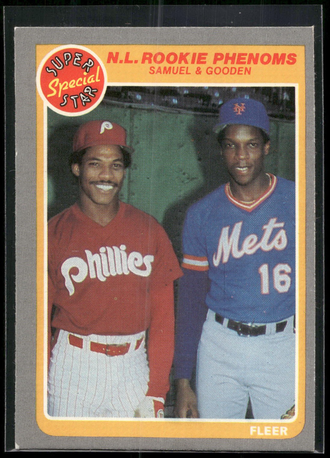 1985 Fleer #634 N.L. Rookie Phenoms (Juan Samuel / Dwight Gooden)