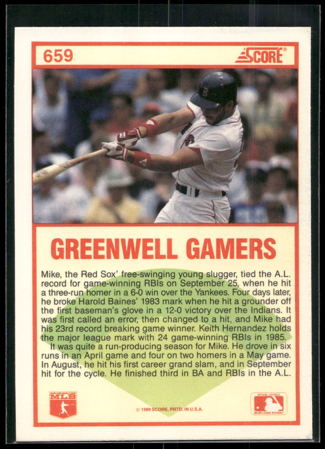 1989 Score #659 Mike Greenwell