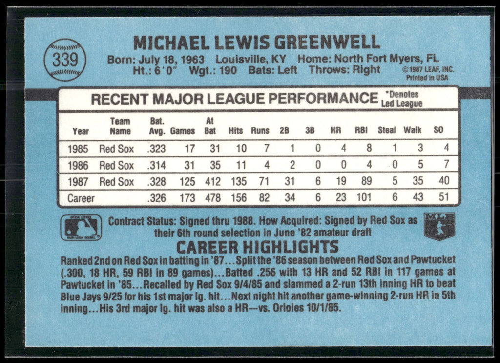 1988 Donruss #339b Mike Greenwell