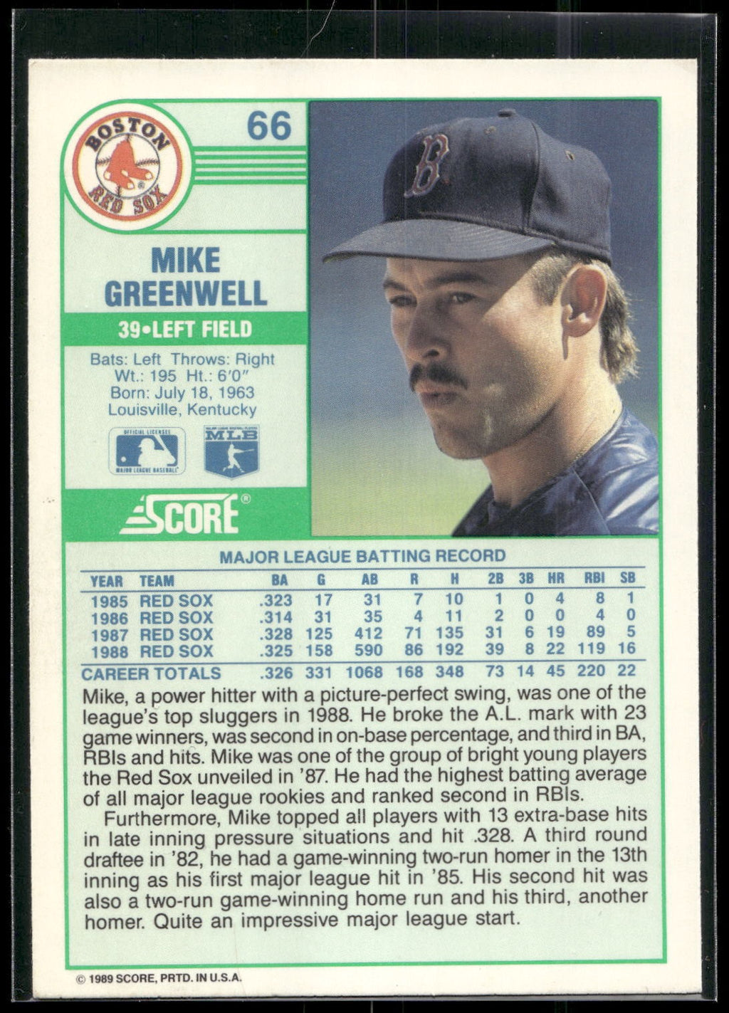 1989 Score #66 Mike Greenwell