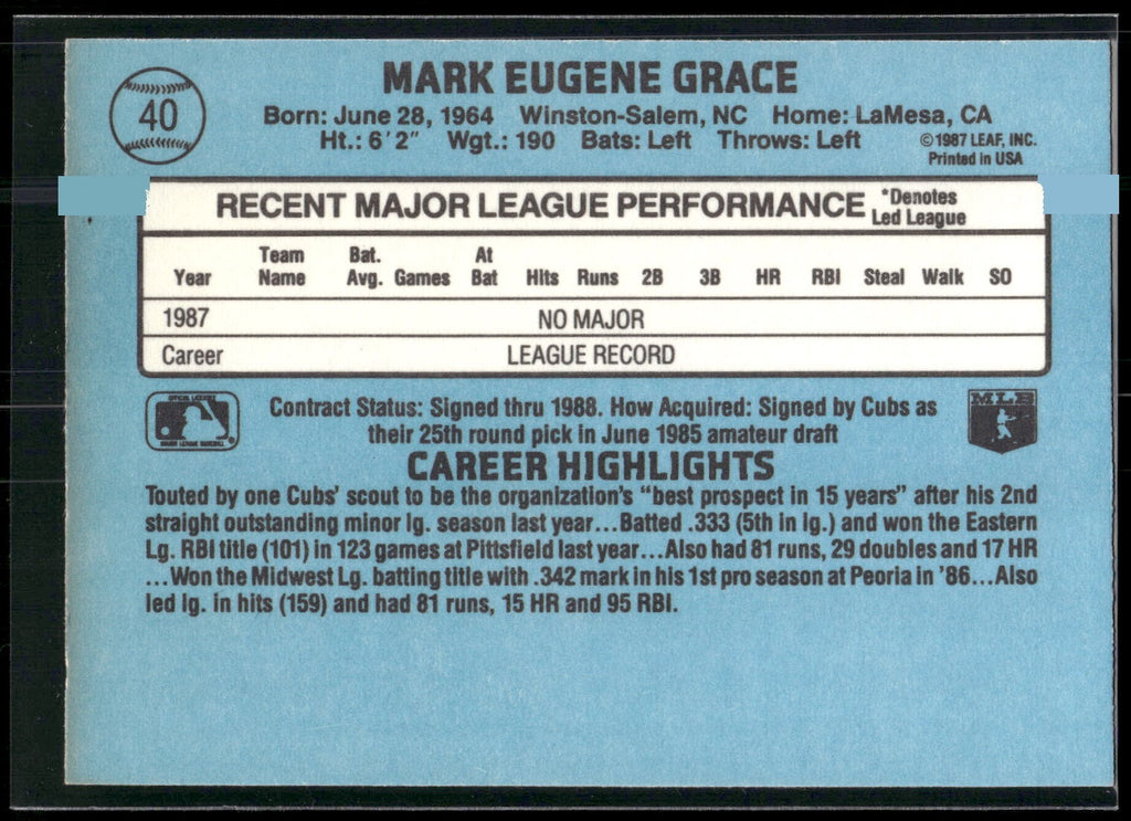 1988 Donruss #40c Mark Grace