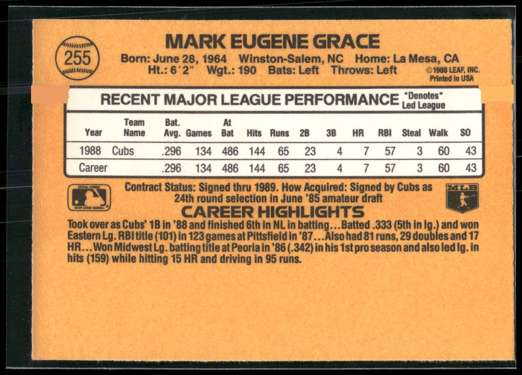 1989 Donruss #255d Mark Grace