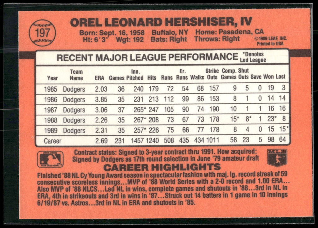 1990 Donruss #197c Orel Hershiser