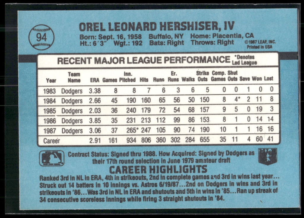 1988 Donruss #94b Orel Hershiser