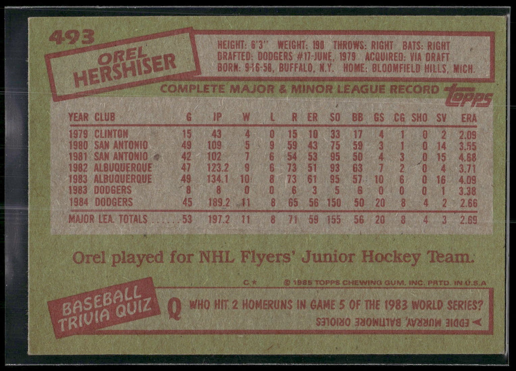 1985 Topps #493 Orel Hershiser