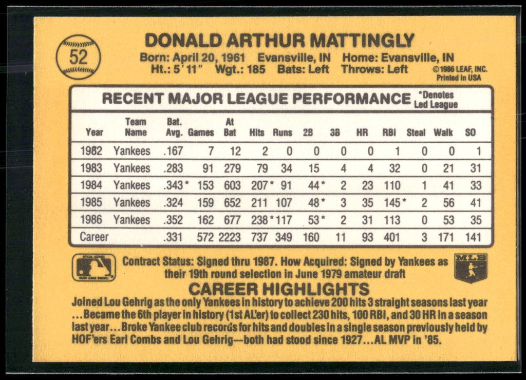 1987 Donruss #52 Don Mattingly