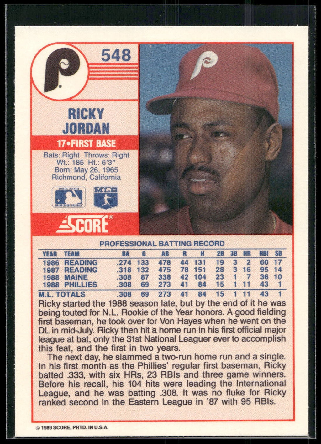 1989 Score #548 Ricky Jordan