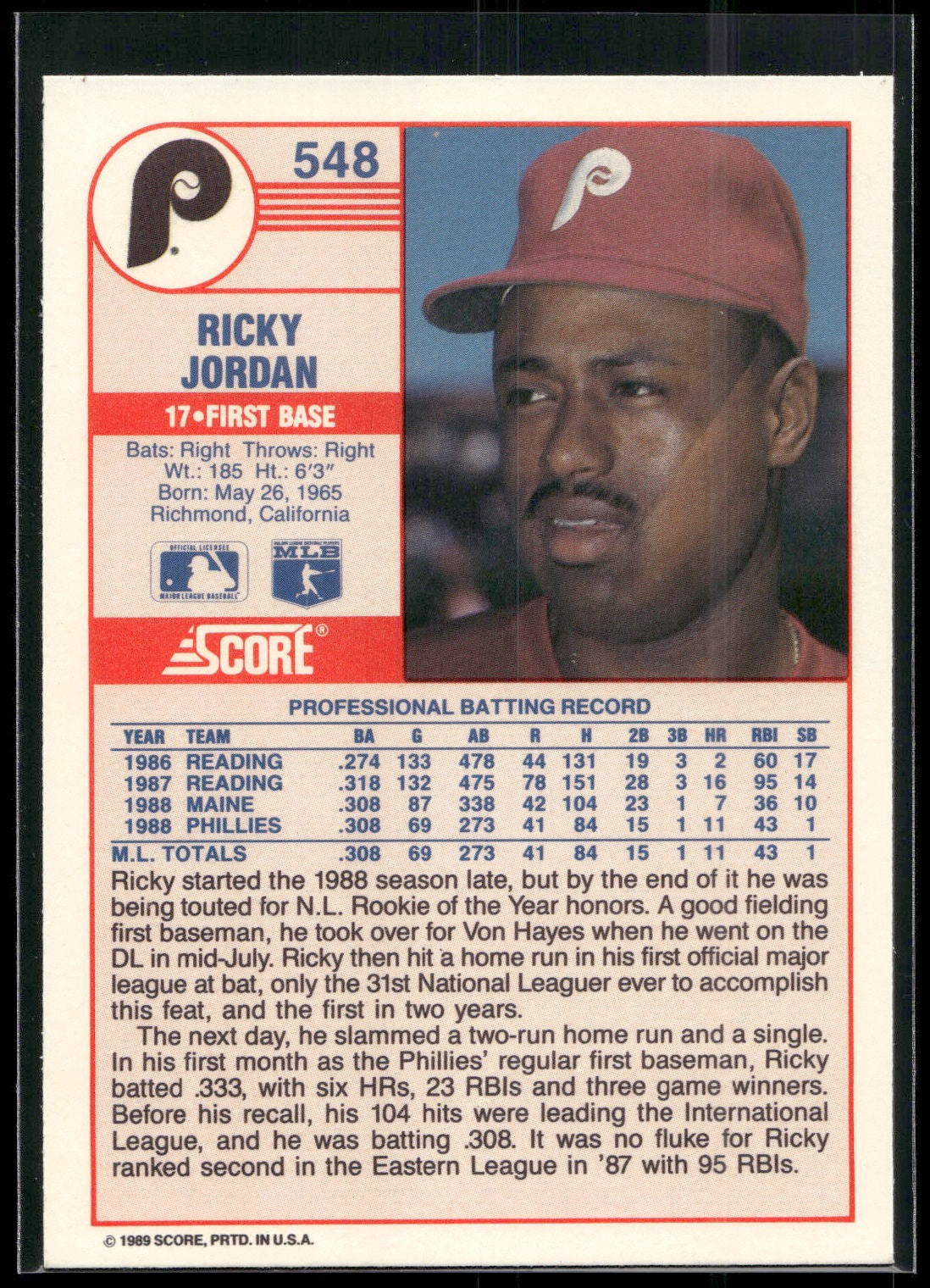 1989 Score #548 Ricky Jordan
