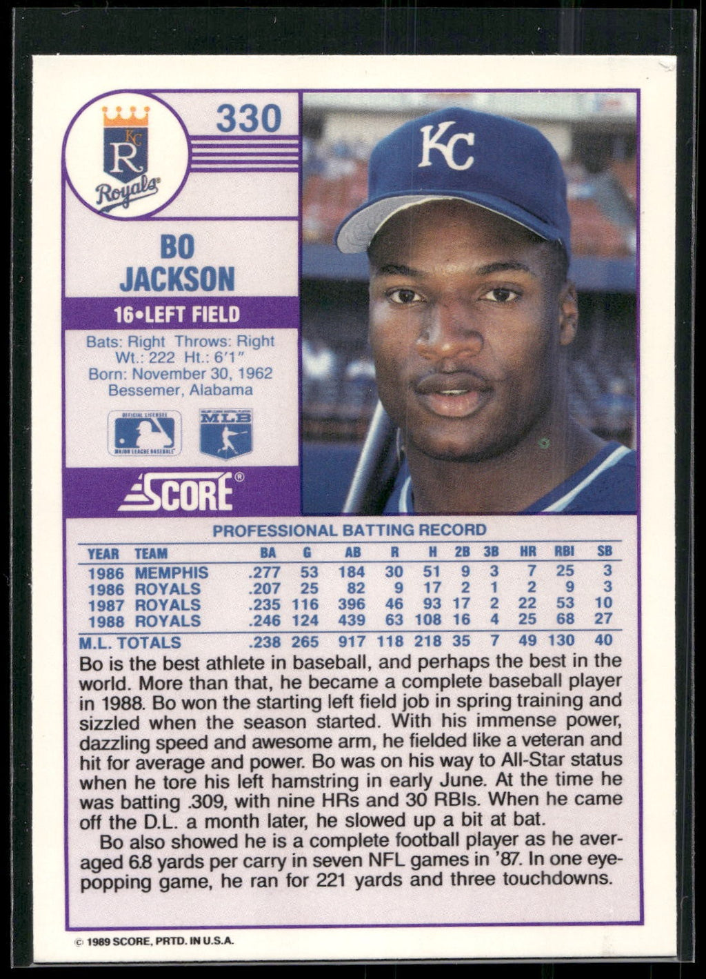 1989 Score #330 Bo Jackson