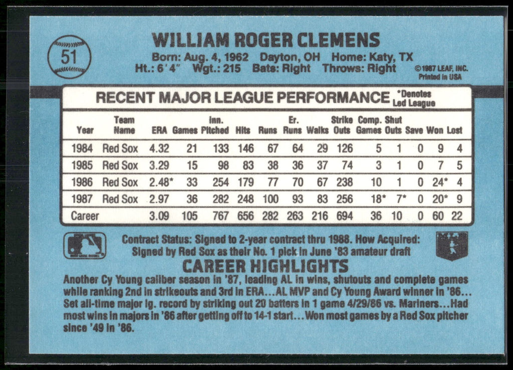 1988 Donruss #51b Roger Clemens