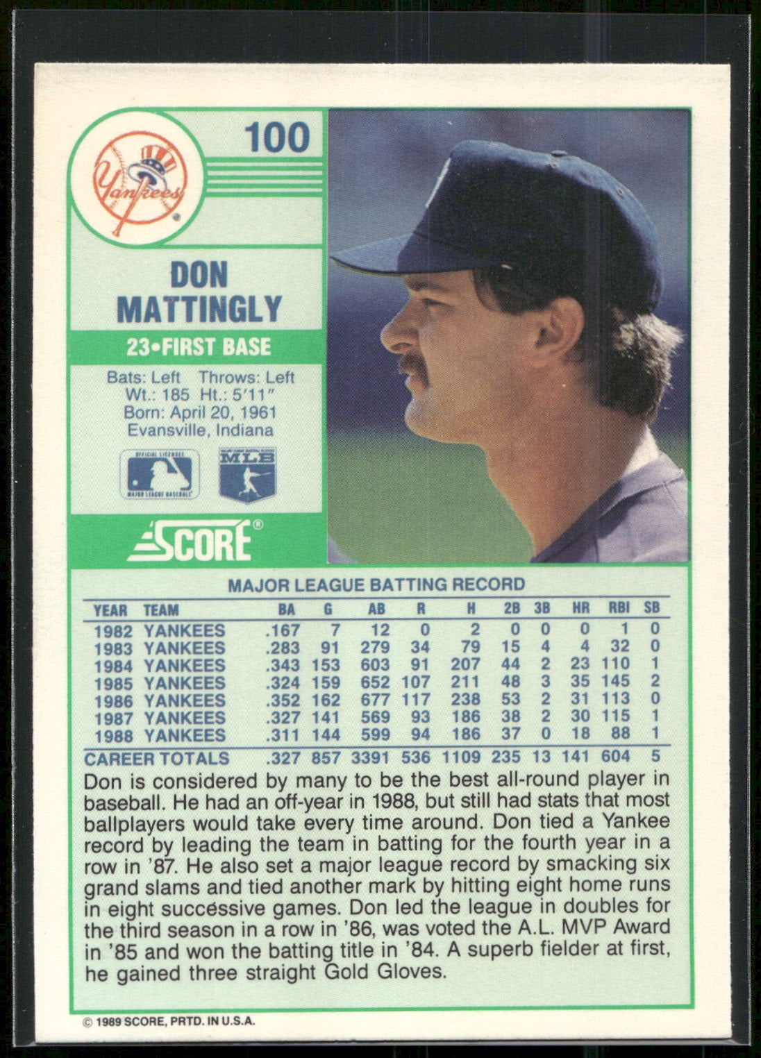 1989 Score #100 Don Mattingly