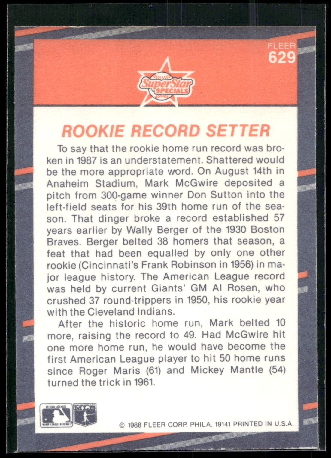 1988 Fleer #629 Rookie Record Setter (Mark McGwire)