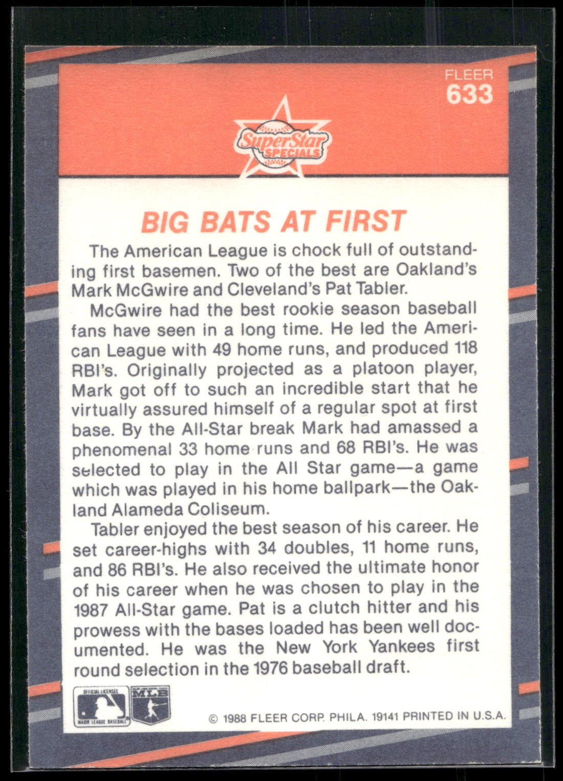 1988 Fleer #633 Big Bats at First (Pat Tabler / Mark McGwire)