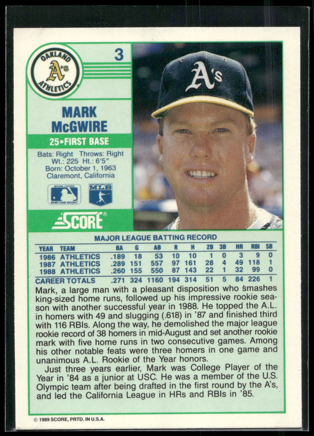 1989 Score #3 Mark McGwire