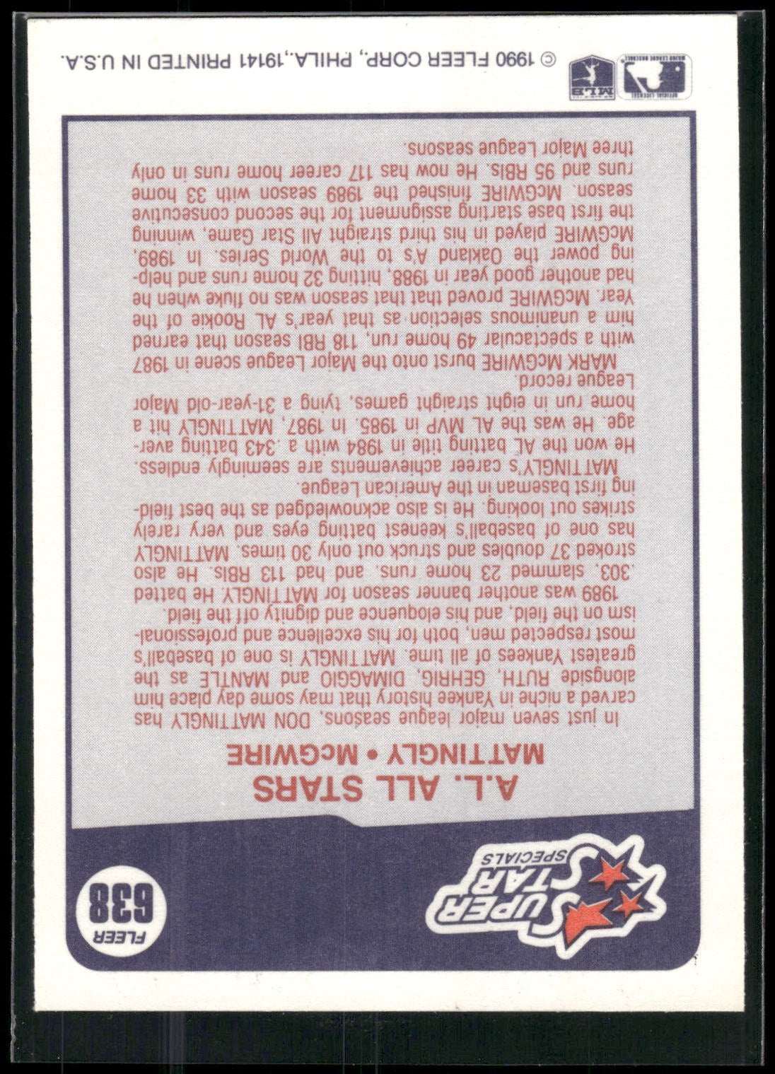 1990 Fleer #638 A.L. All-Stars (Don Mattingly / Mark McGwire)
