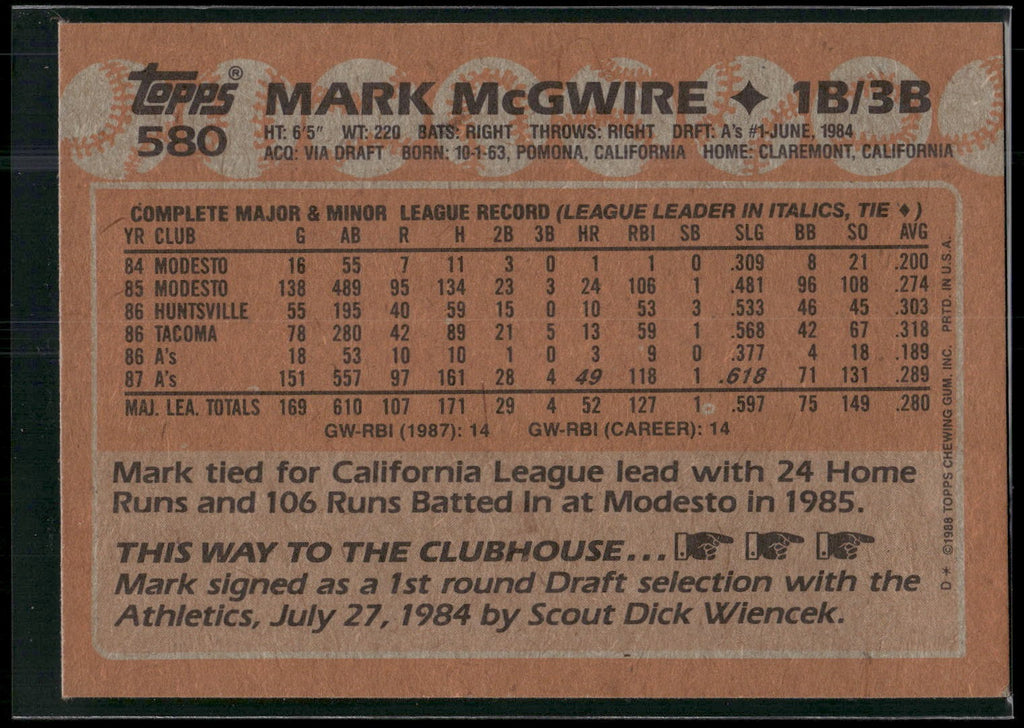 1988 Topps #580 Mark McGwire
