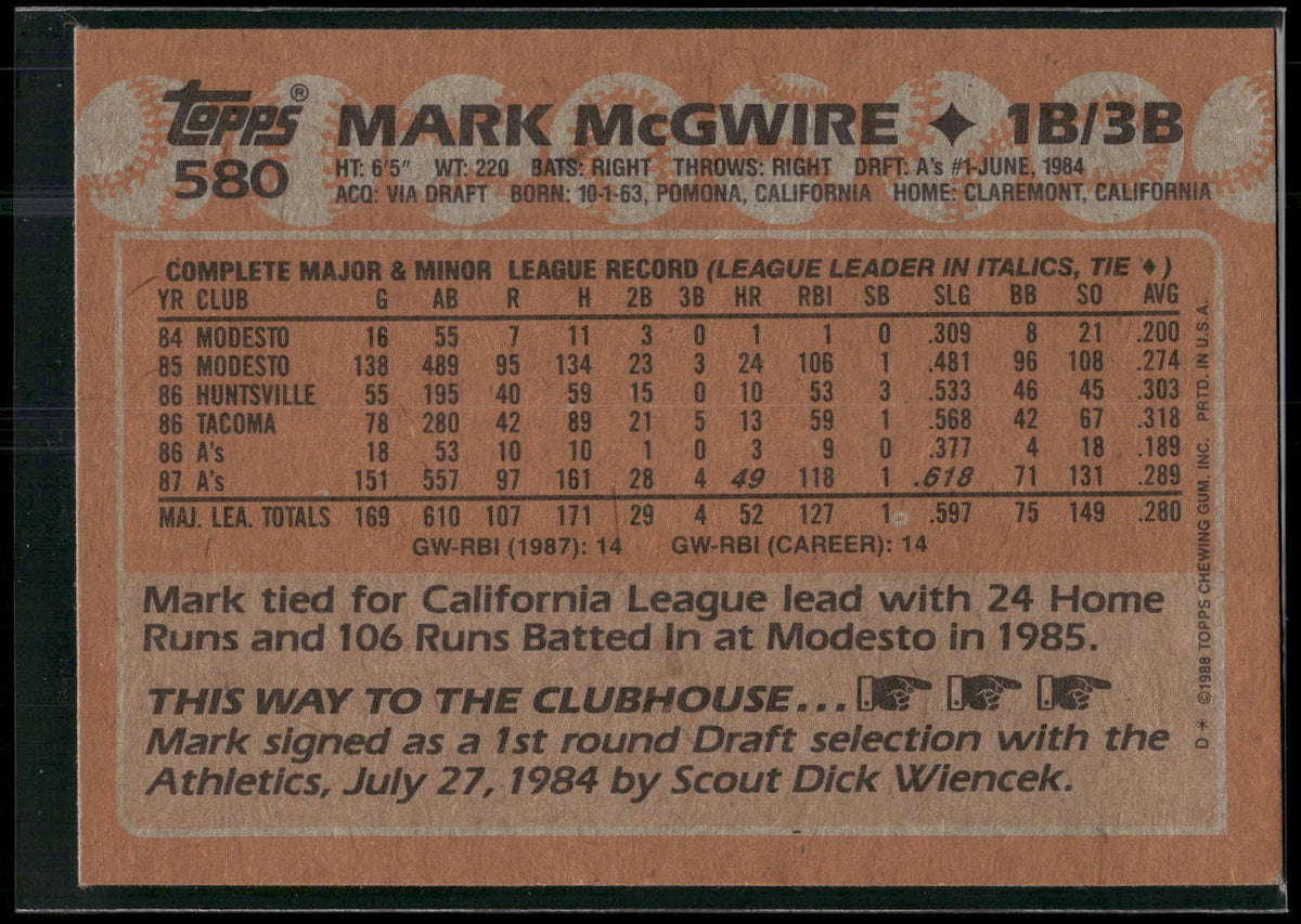 1988 Topps #580 Mark McGwire