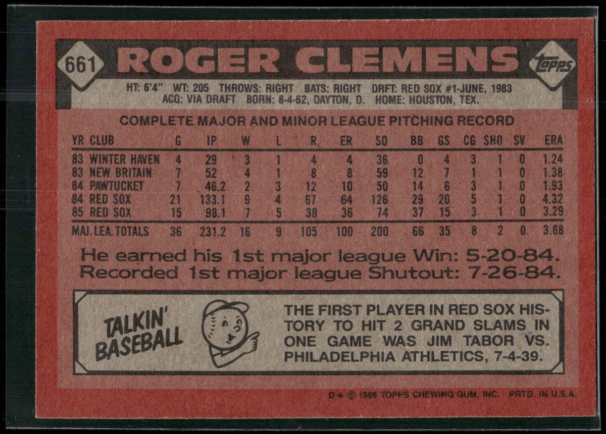 1986 Topps #661 Roger Clemens