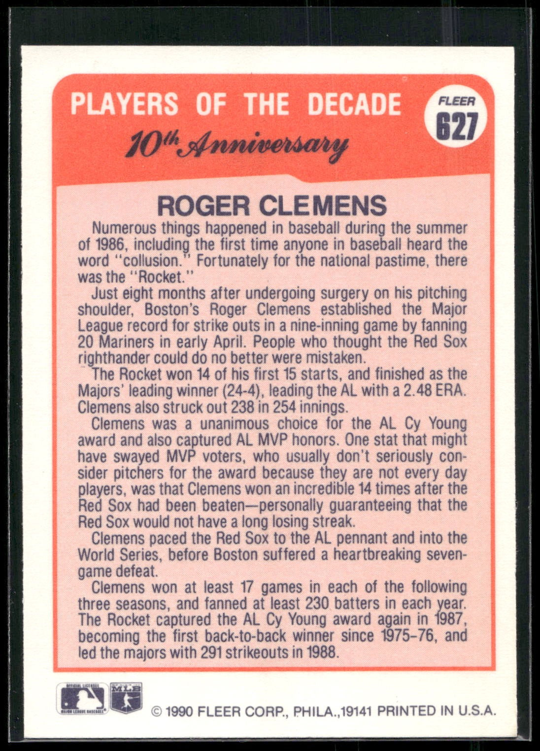 1990 Fleer #627 Roger Clemens