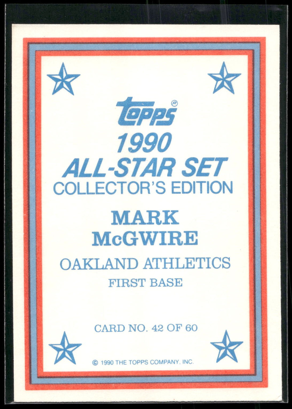 1990 Topps #42 Mark McGwire 1990 All-Star Set Collector's Edition