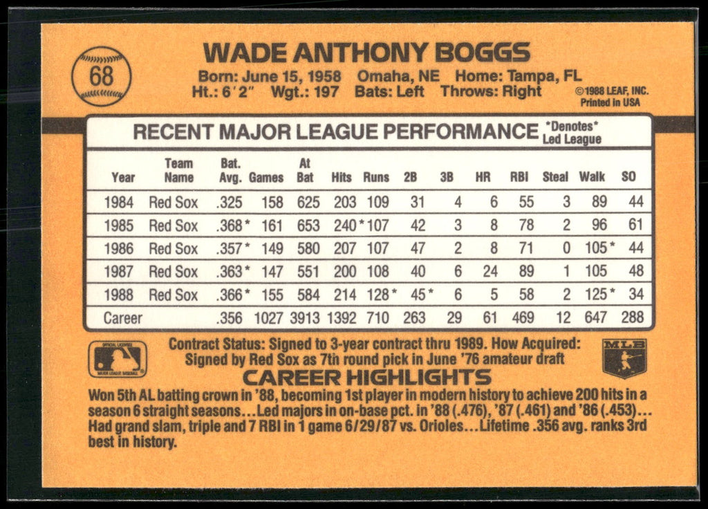 1989 Donruss #68b Wade Boggs