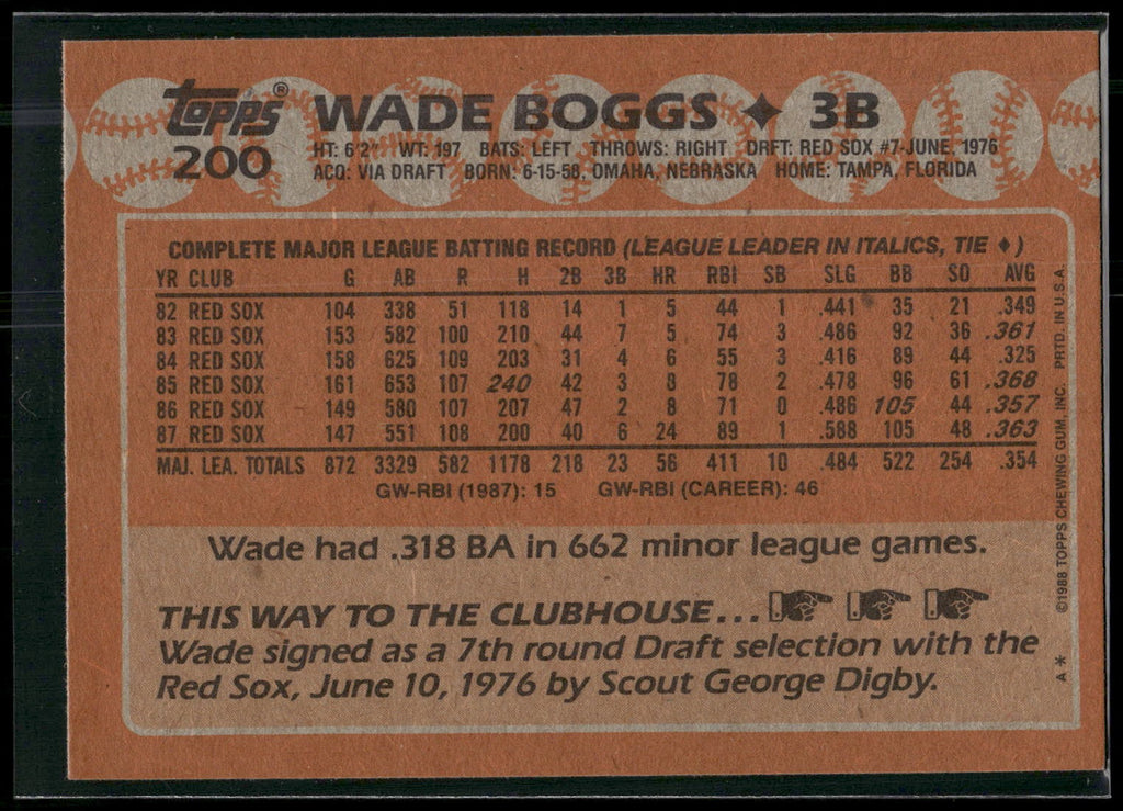 1988 Topps #200 Wade Boggs