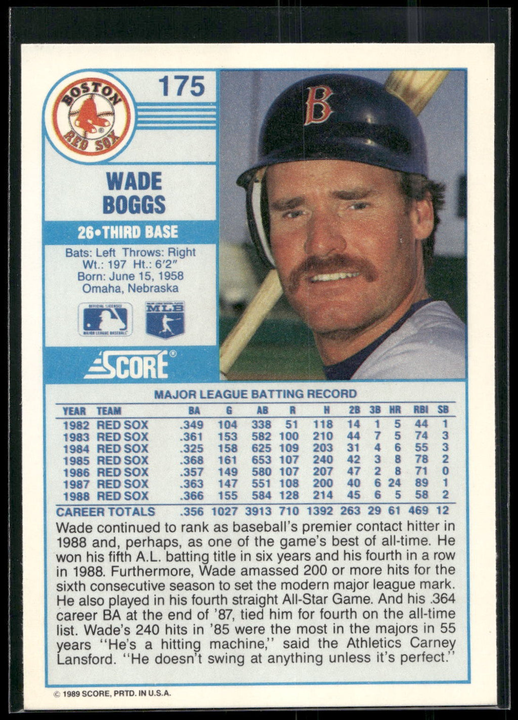 1989 Score #175 Wade Boggs
