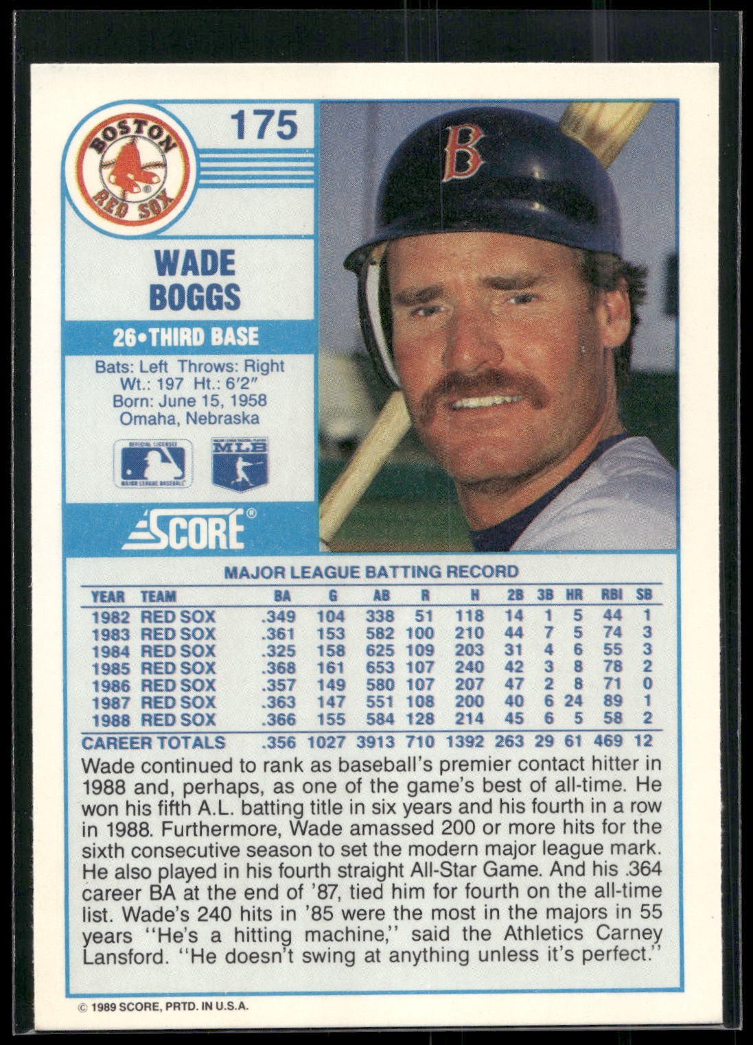 1989 Score #175 Wade Boggs