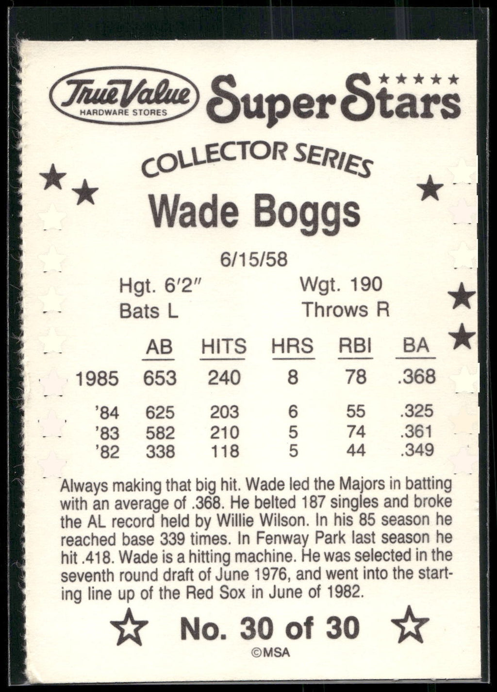 1986 True Value #30 Wade Boggs