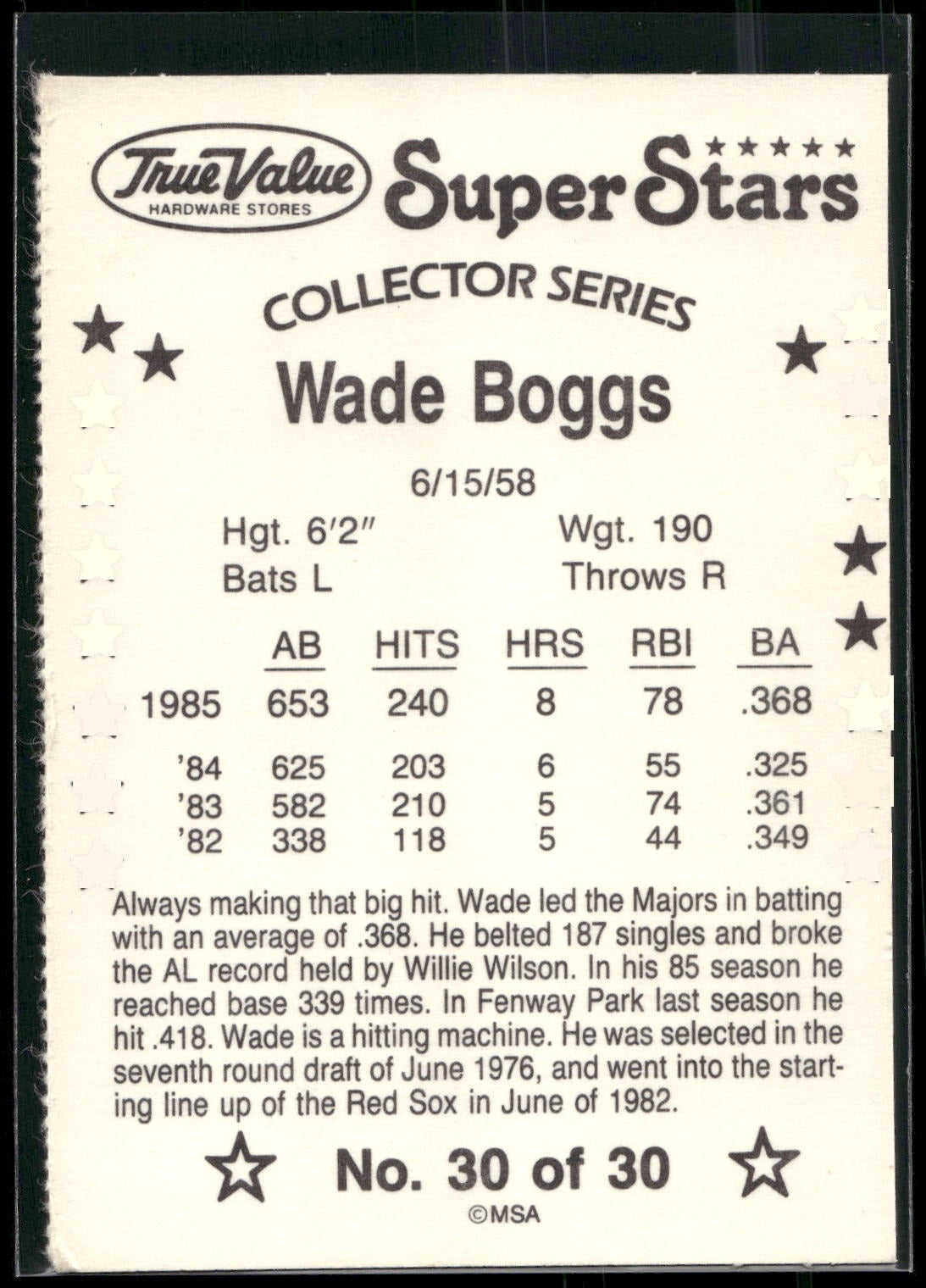 1986 True Value #30 Wade Boggs
