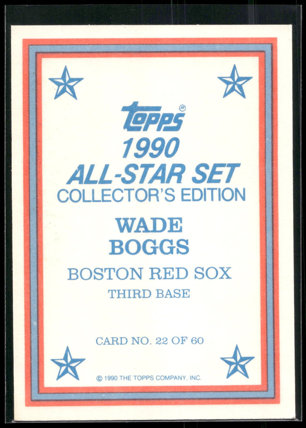 1990 Topps #22 Wade Boggs 1990 All-Star Set Collector's Edition
