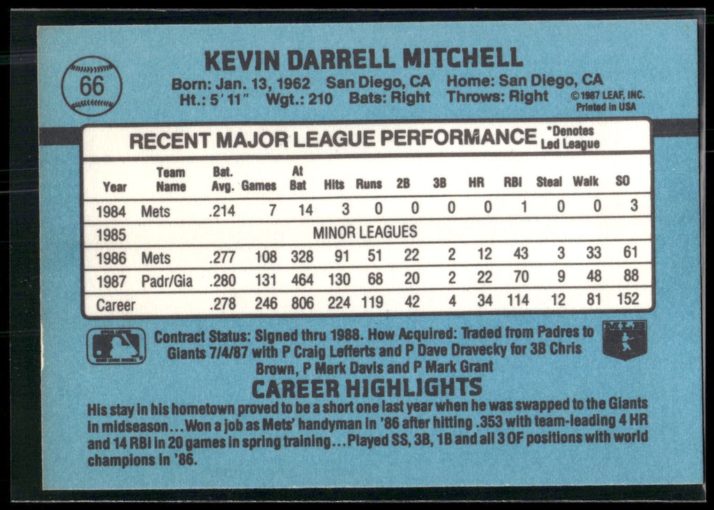 1988 Donruss #66b Kevin Mitchell