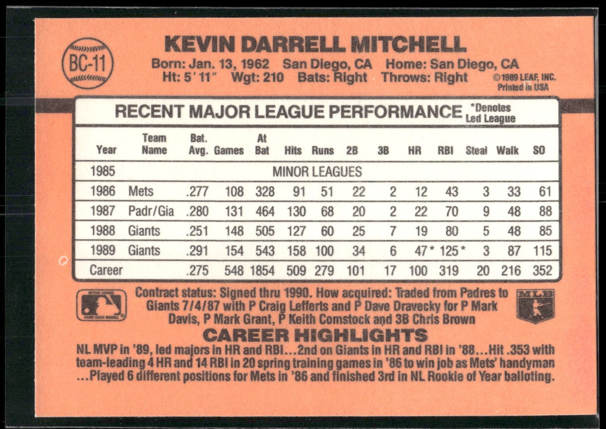 1990 Donruss #BC-11 Kevin Mitchell Bonus MVP's