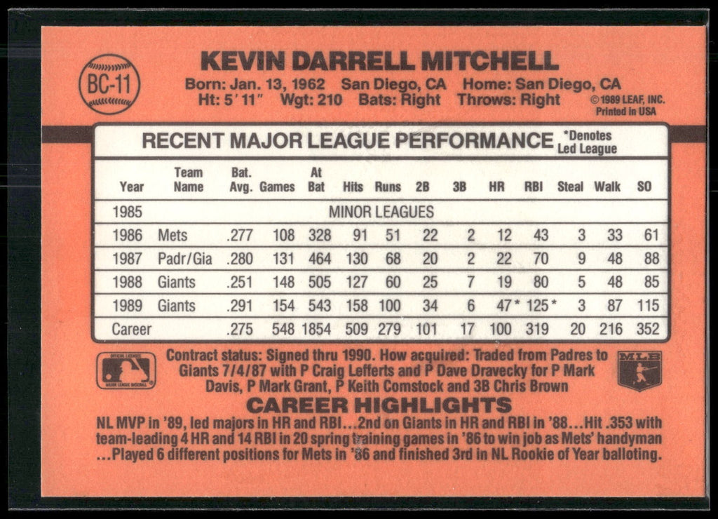 1990 Donruss #BC-11 Kevin Mitchell Bonus MVP's