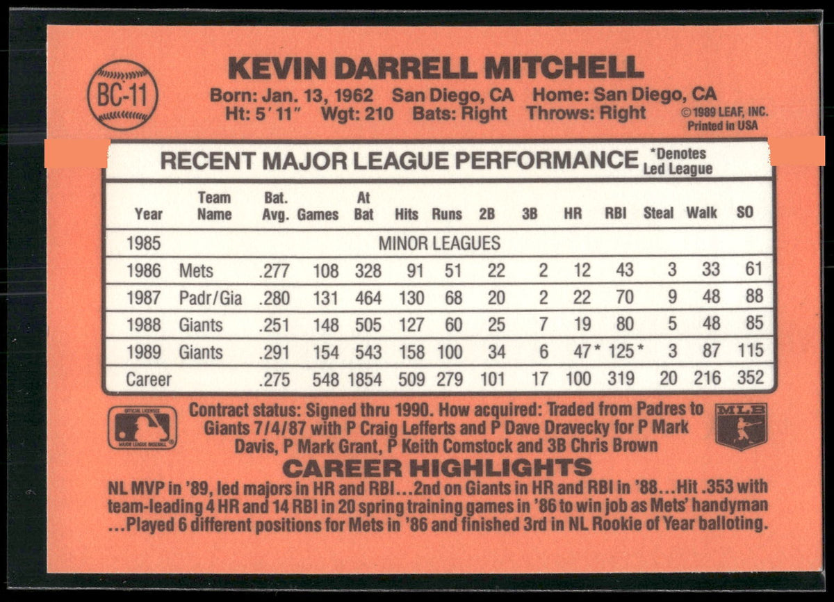1990 Donruss #BC-11 Kevin Mitchell Bonus MVP's